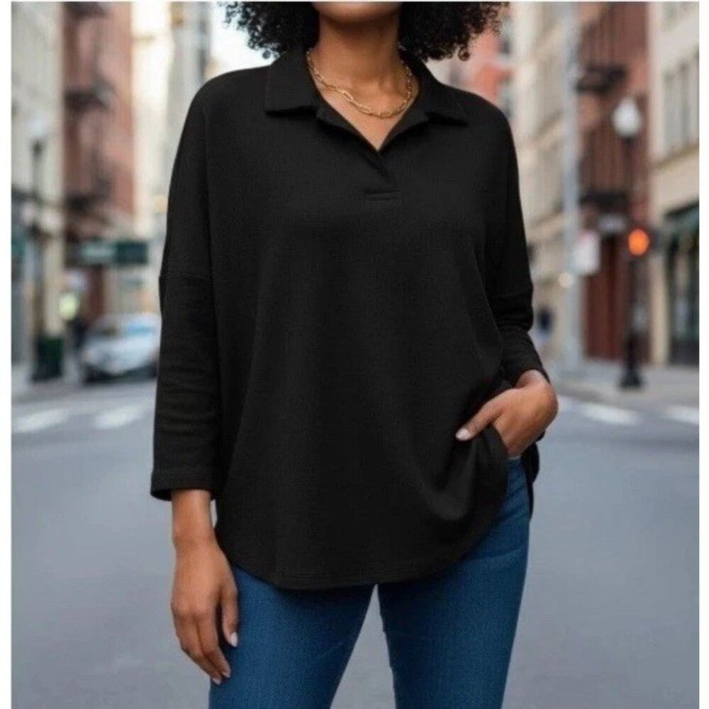 Tuckernuck Pomander Place Black Easy Polo Sweatshirt Swing Tunic Top Preppy M/L